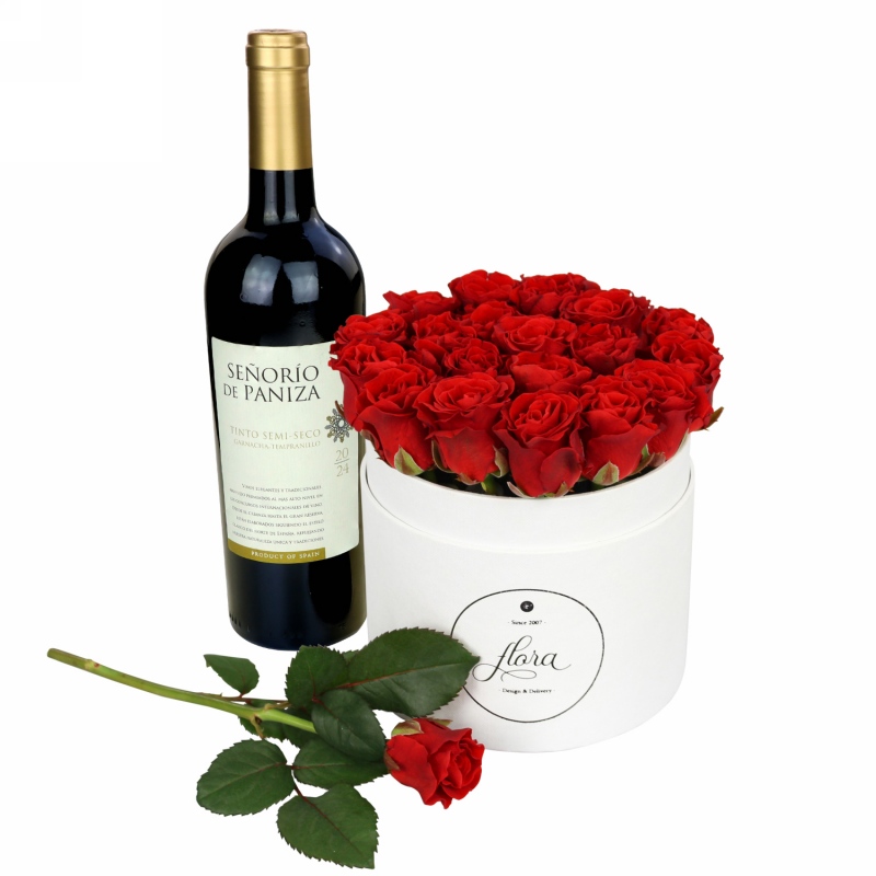 FlowerBox z winem - czerwone róże w pudełku (średni)