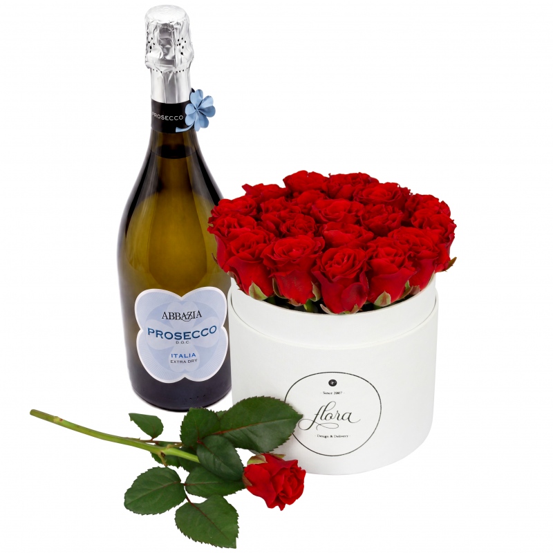 FlowerBox z winem - czerwone róże w pudełku (średni)